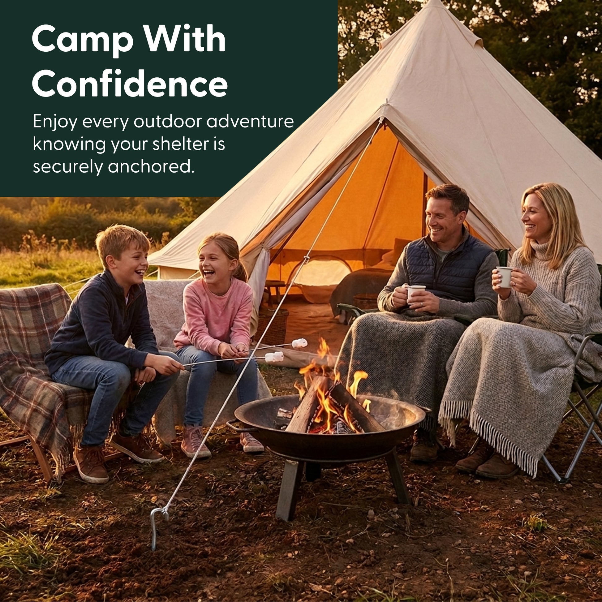 Family camping by a fire pit beside a bell tent secured with steel tent pegs