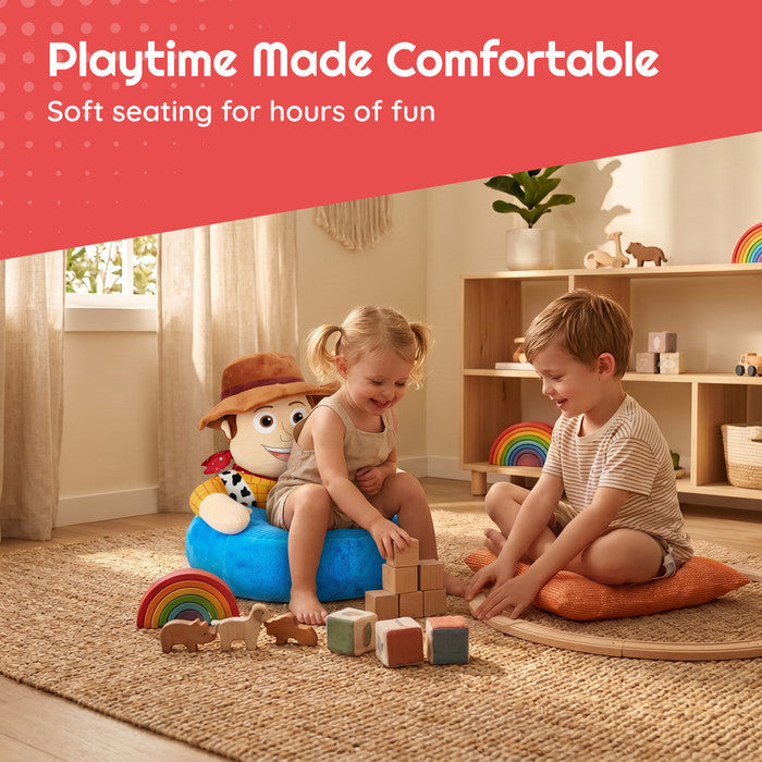 Children playing in playroom next to Disney Toy Story Woody plush kids floor chair