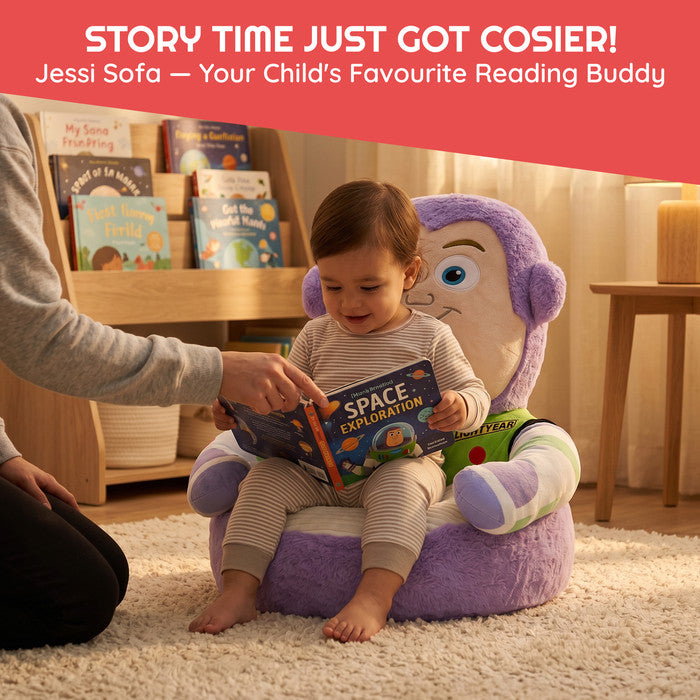 Toddler reading with parent in Disney Toy Story Buzz Lightyear plush kids floor chair – cosy story time seat