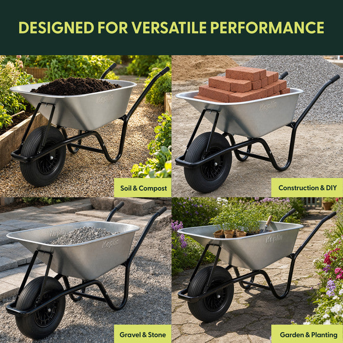 85L steel wheelbarrow for soil, compost, gravel and construction – versatile garden barrow UK