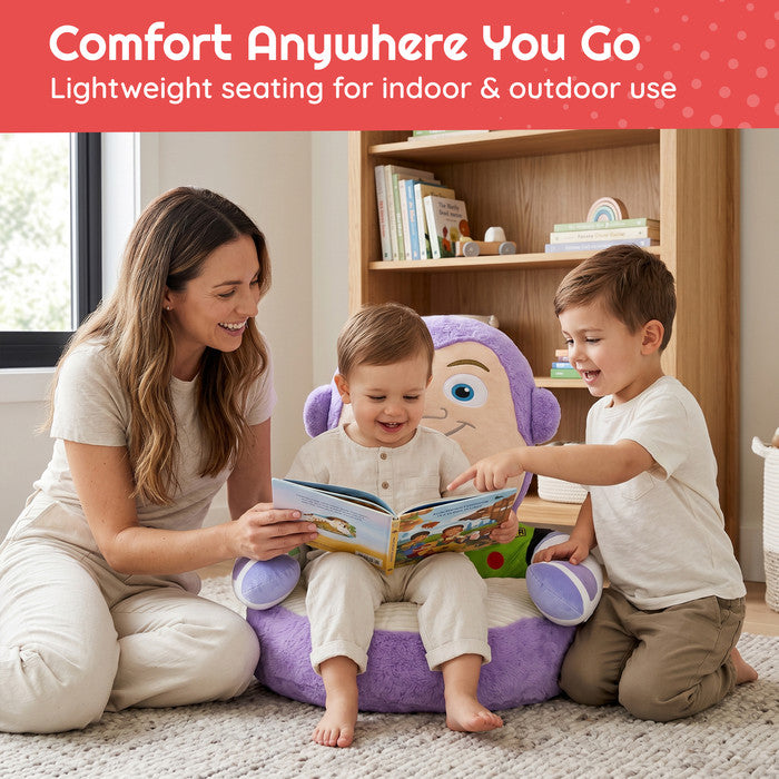 Mother and two children reading together with Disney Buzz Lightyear plush kids floor chair – indoor seating