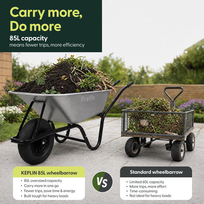 Keplin 85L wheelbarrow vs standard barrow – bigger capacity for fewer trips, garden UK