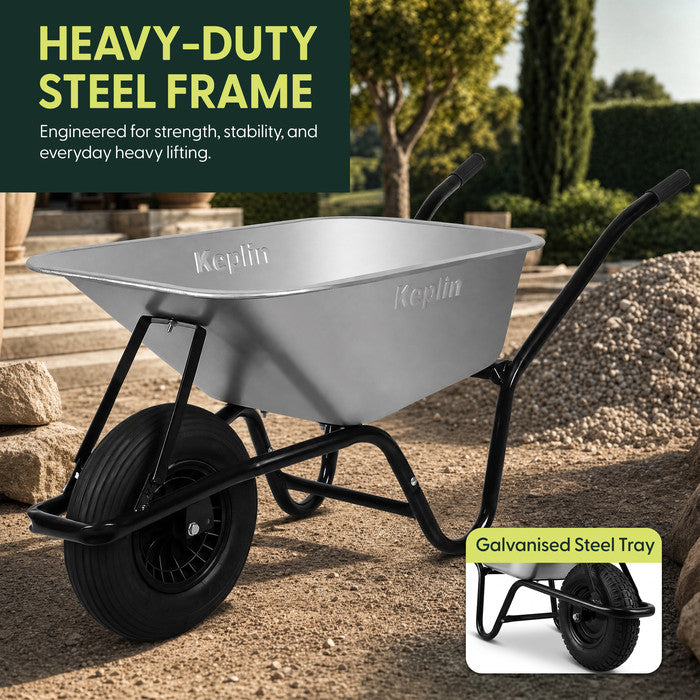 Heavy duty galvanised steel garden wheelbarrow 85L – pneumatic tyre, single wheel UK