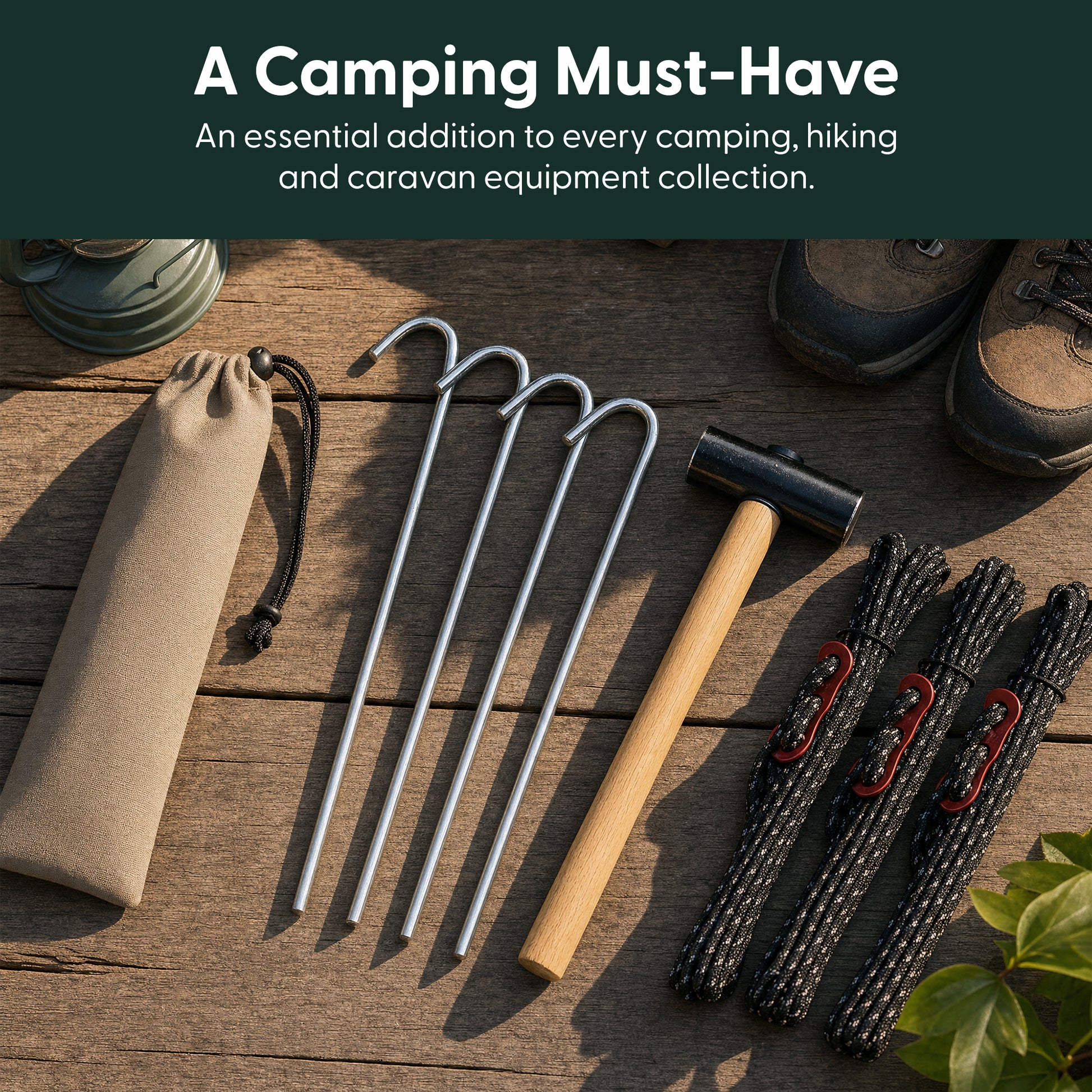 Flat lay of steel tent pegs, wooden mallet, guy lines and storage pouch camping set