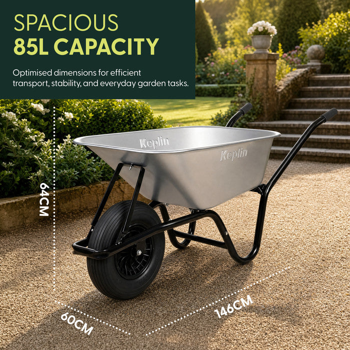 Keplin 85L wheelbarrow dimensions 146x60cm – galvanised steel tray with pneumatic tyre UK