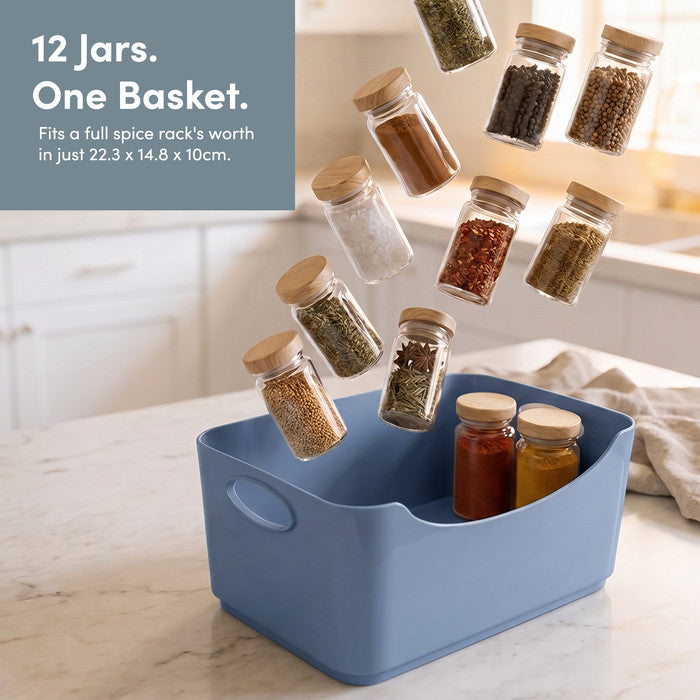 Blue plastic storage basket holding 12 spice jars – kitchen cupboard organiser