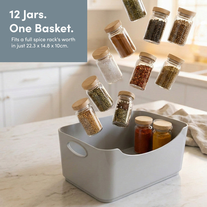 Grey storage basket with 12 spice jars, 22.3x14.8x10cm spice rack organiser