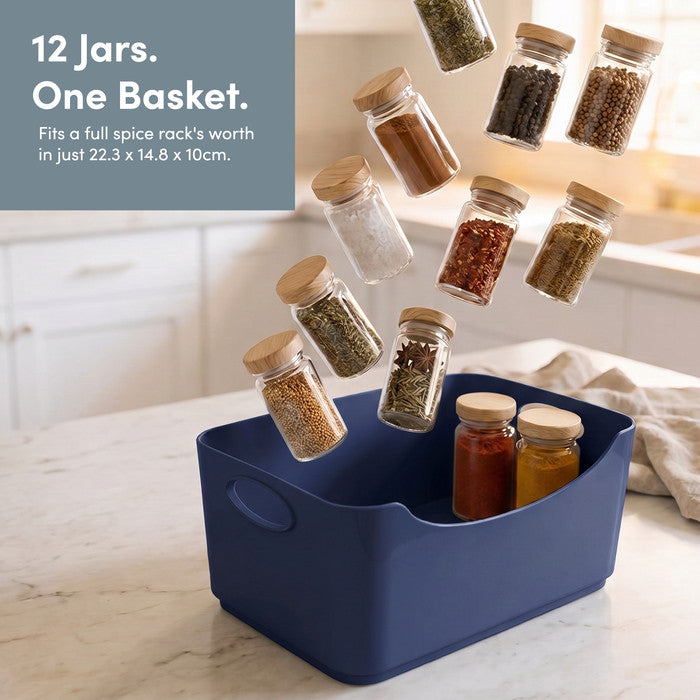 Navy plastic storage basket fits 12 spice jars – kitchen cupboard organiser
