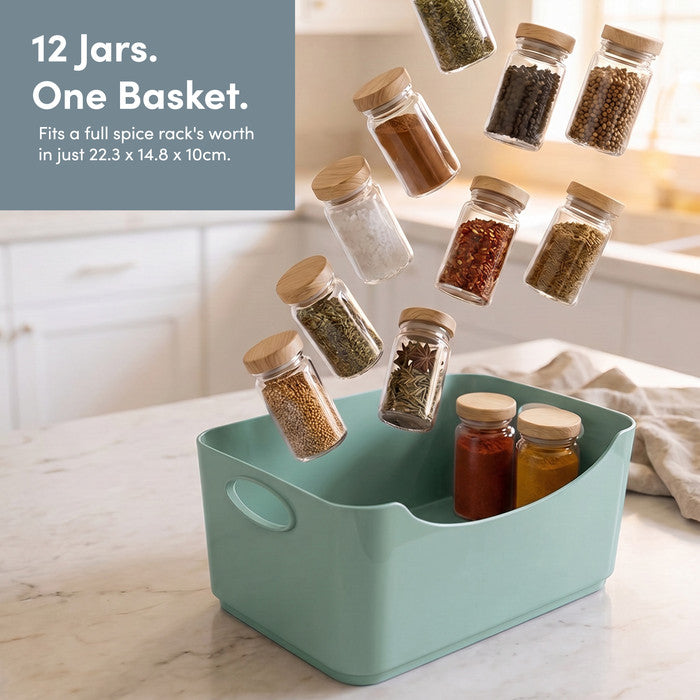 Teal plastic storage basket with 12 spice jars – small kitchen cupboard organiser
