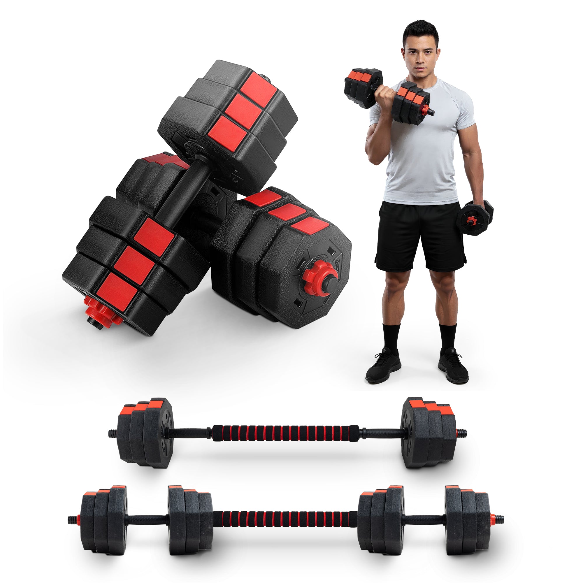 Kayman Adjustable Barbell Set - 20kg Total Weight with Non-Rolling Design, Adjustable Weights & Comfortable Grip - Training Equipment for Versatile Workouts at Home & Gym - Unisex (Black & Red)