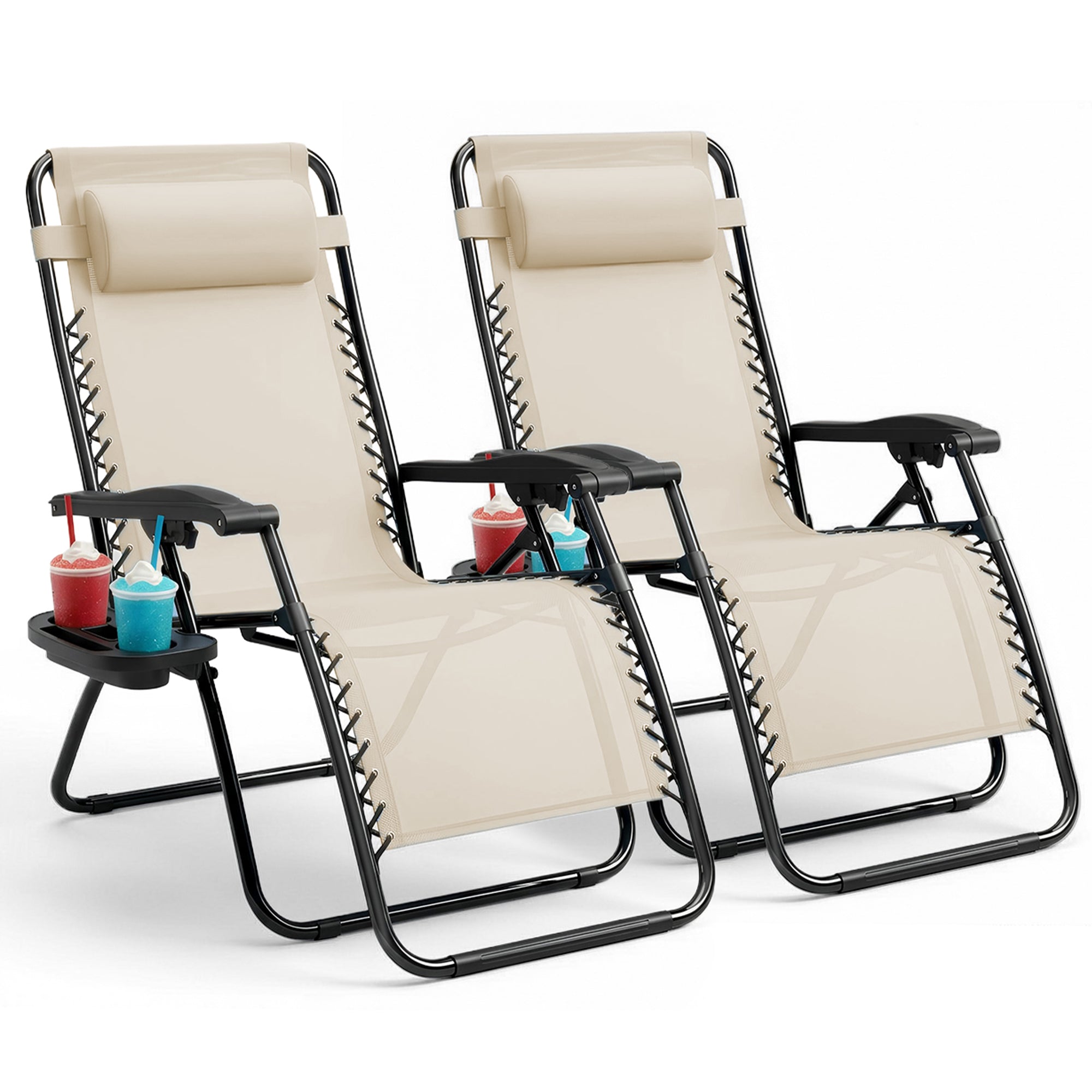 KEPLIN Set of 2 Heavy Duty Monocolour and Basic Textoline Zero Gravity Chairs for Garden Light Reclining Patio Sun loungers Easy to Clean Adjustable Head Rest Foldable with Cup & Phone Holder