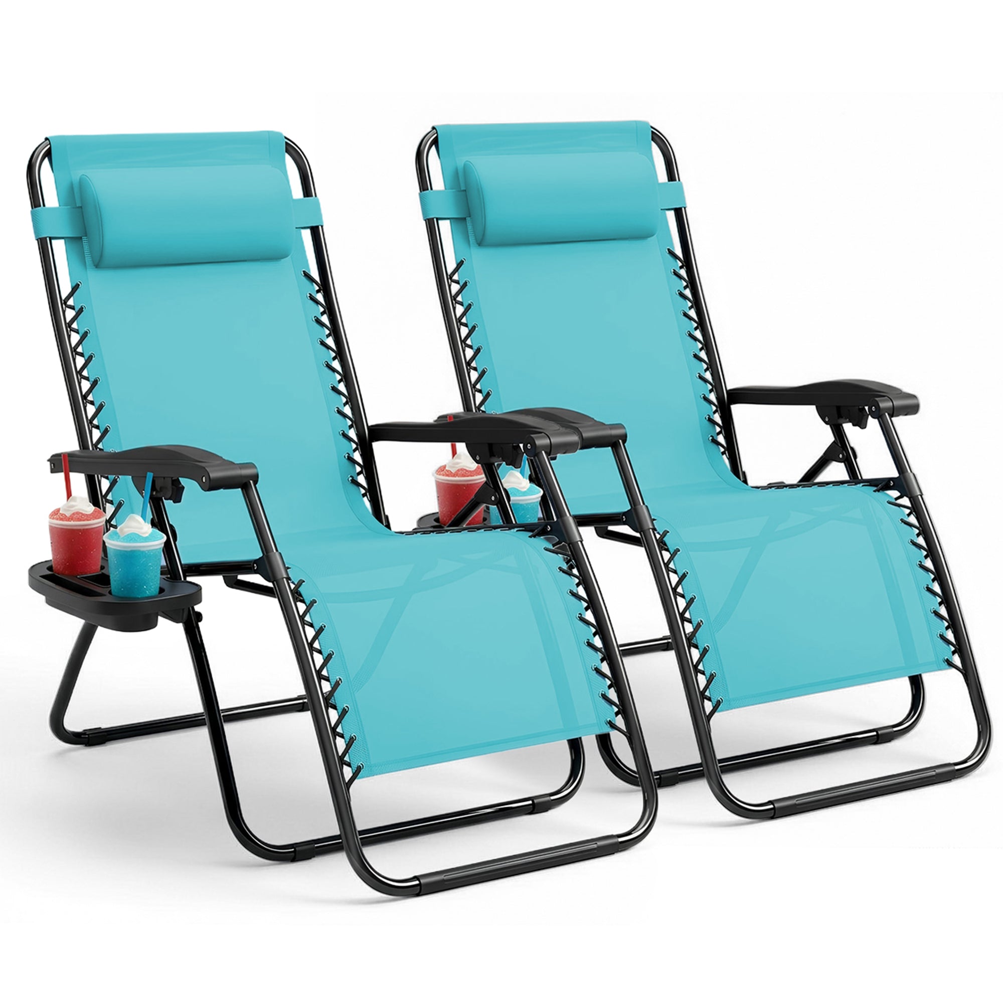 KEPLIN Set of 2 Heavy Duty Monocolour and Basic Textoline Zero Gravity Chairs for Garden Light Reclining Patio Sun loungers Easy to Clean Adjustable Head Rest Foldable with Cup & Phone Holder