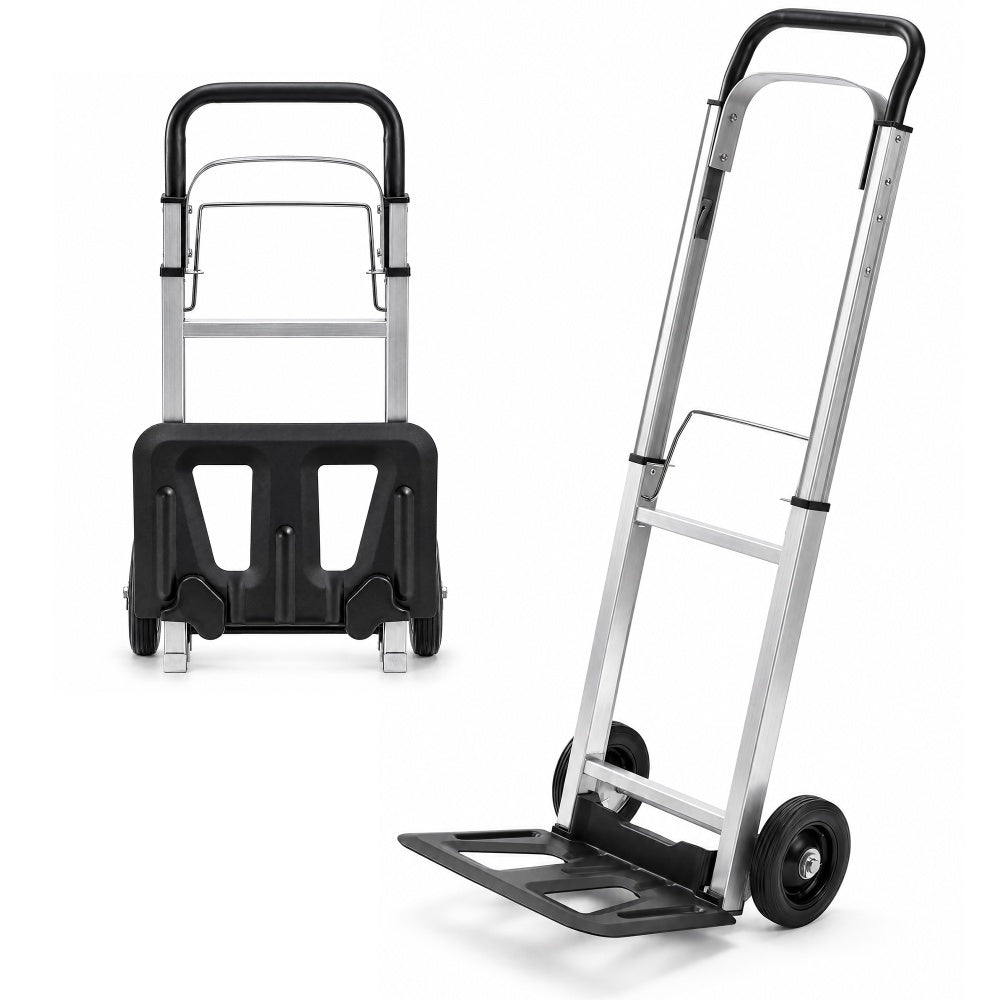 Haltons aluminium hand truck at an angle with its base plate down beside a folded view