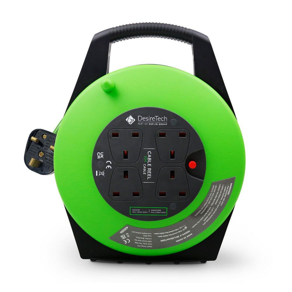 Desiretech Heavy-Duty Portable Cable Reel Extension Lead – 4 Shuttered Sockets, Thermal Cut-Out, Ergonomic Handle, Green/Black – Robust Extension Cord for Indoor Use – image 8