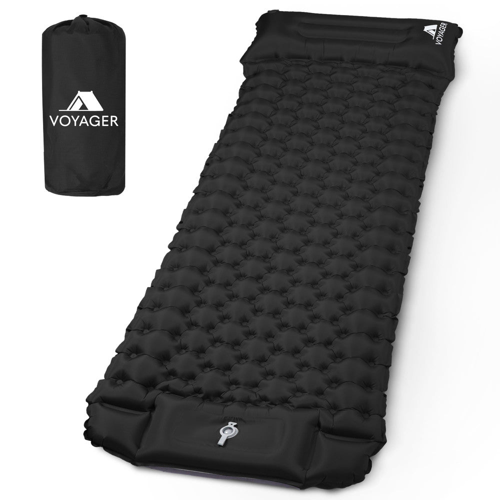 Black inflatable camping sleeping pad single – two pads connected for group outdoor camping