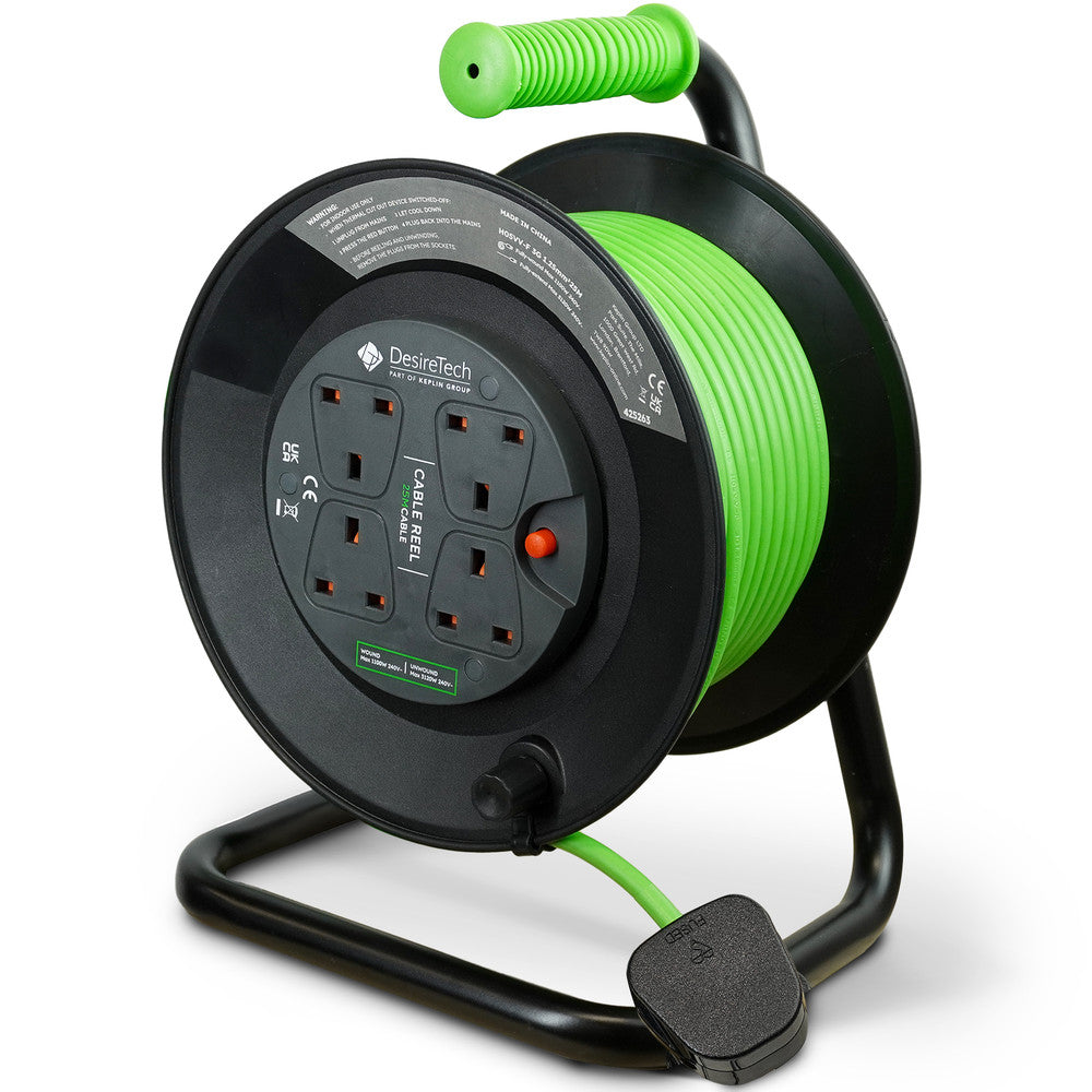 Desiretech Heavy-Duty Portable Cable Reel Extension Lead – 4 Shuttered Sockets, Thermal Cut-Out, Ergonomic Handle, Green/Black – Robust Extension Cord for Indoor Use – image 24