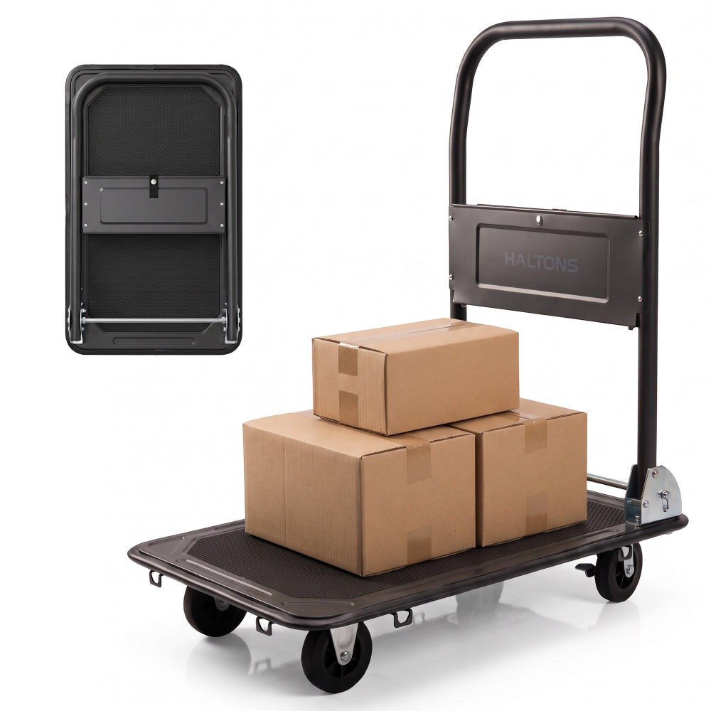 Haltons heavy duty folding platform trolley loaded with cardboard boxes beside the same trolley folded flat