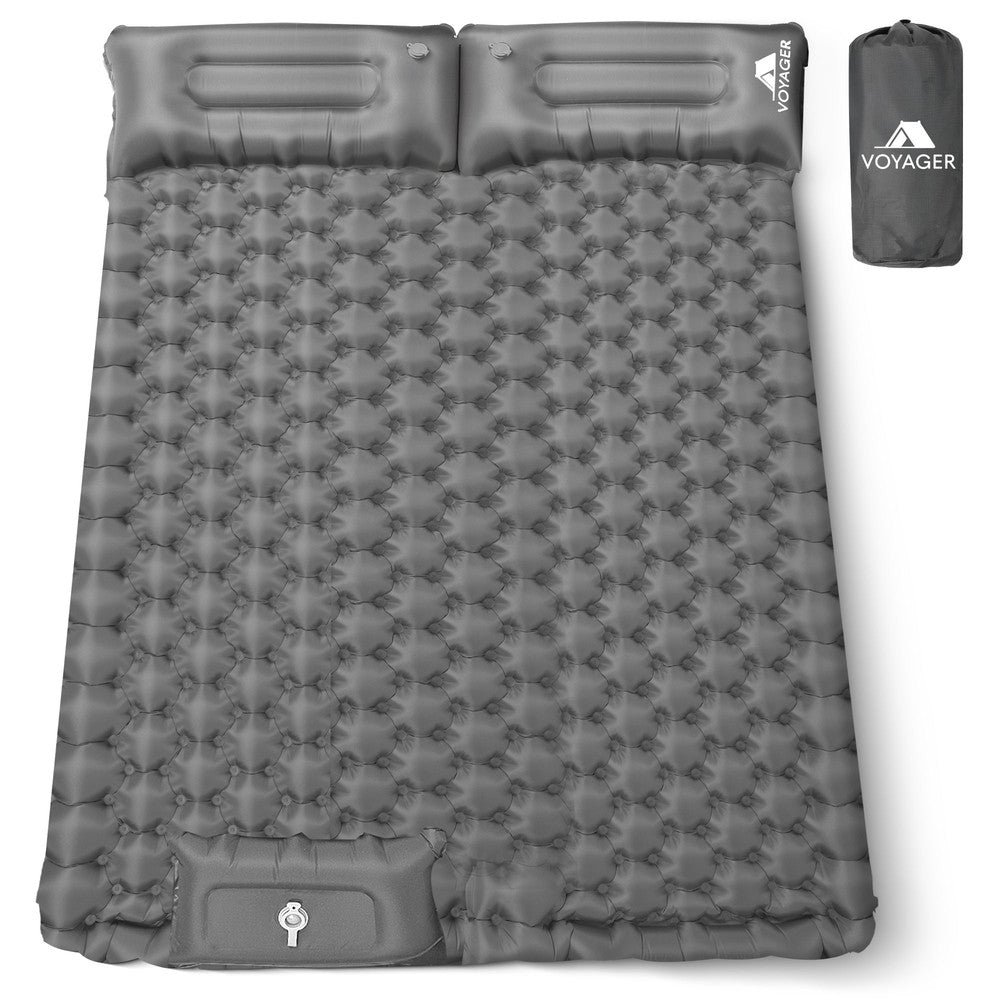 Grey double inflatable camping sleeping pad – wide ergonomic camping mat for outdoor sleep