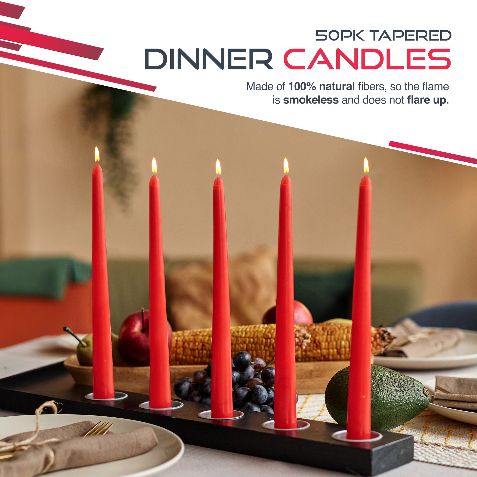 Haltons Tapered Dinner Candles - 50pk - 7-Hour Burn Time Dinner Candles, Unscented, Non-Drip & Smoke Free