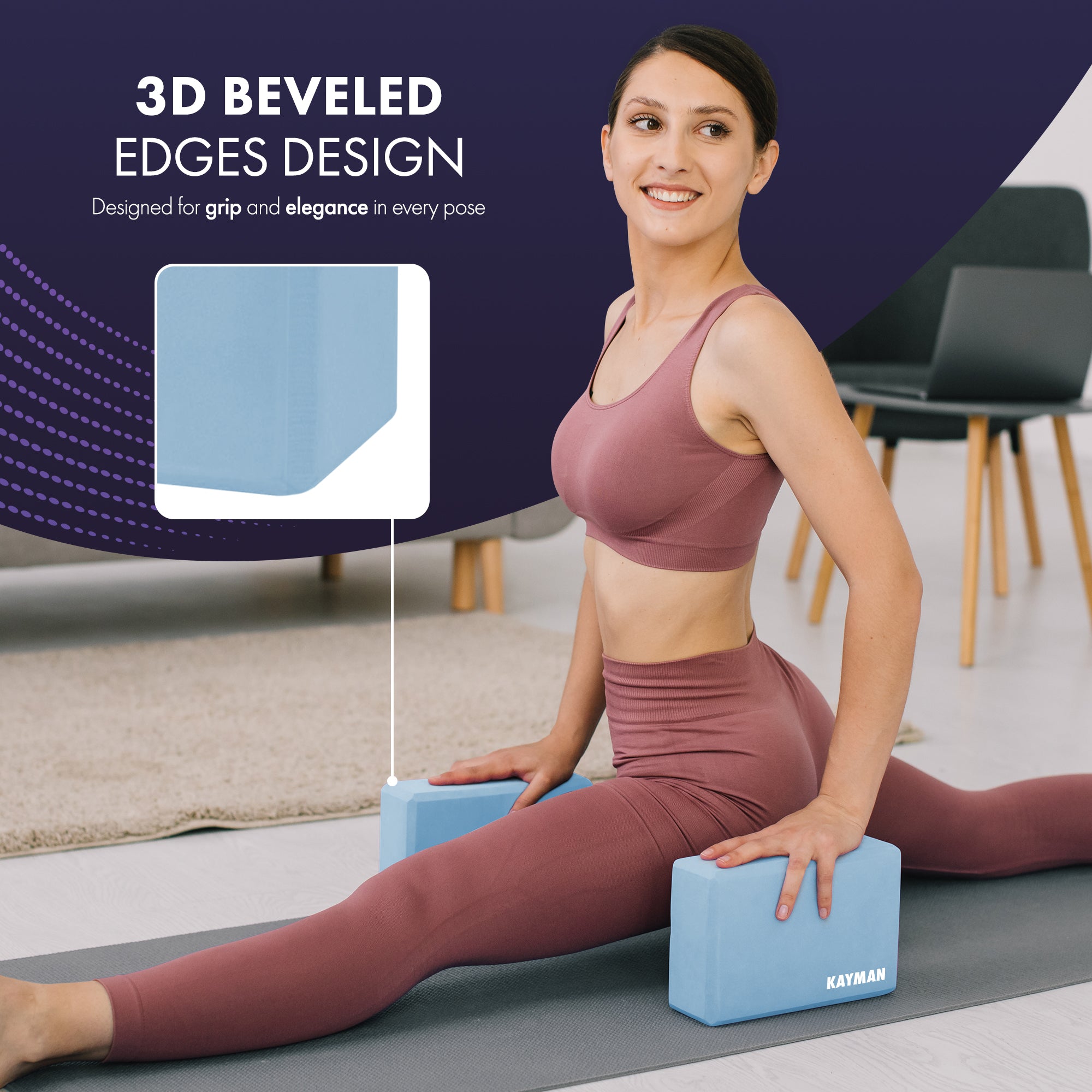 Kayman Yoga Block 2-Pack - Durable EVA Foam Blocks with Non-Slip Surface - Lightweight, Portable, and Ideal for Improving Flexibility, Balance & Alignment