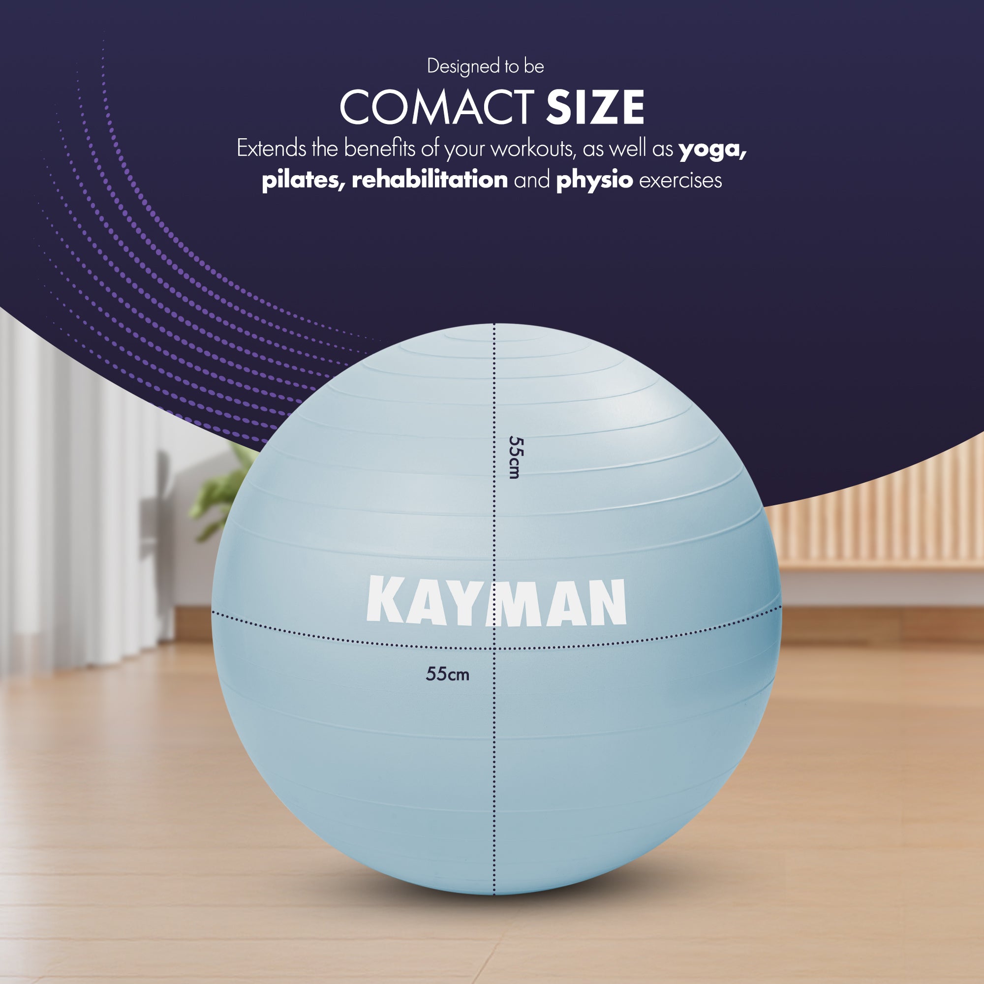 KAYMAN Exercise Ball - Anti-Burst System, Non-Slip Rings, Durable Material, Easy to Inflate, Ideal for Yoga, Pilates, Fitness, Balance Training, Gym, and Home Workouts