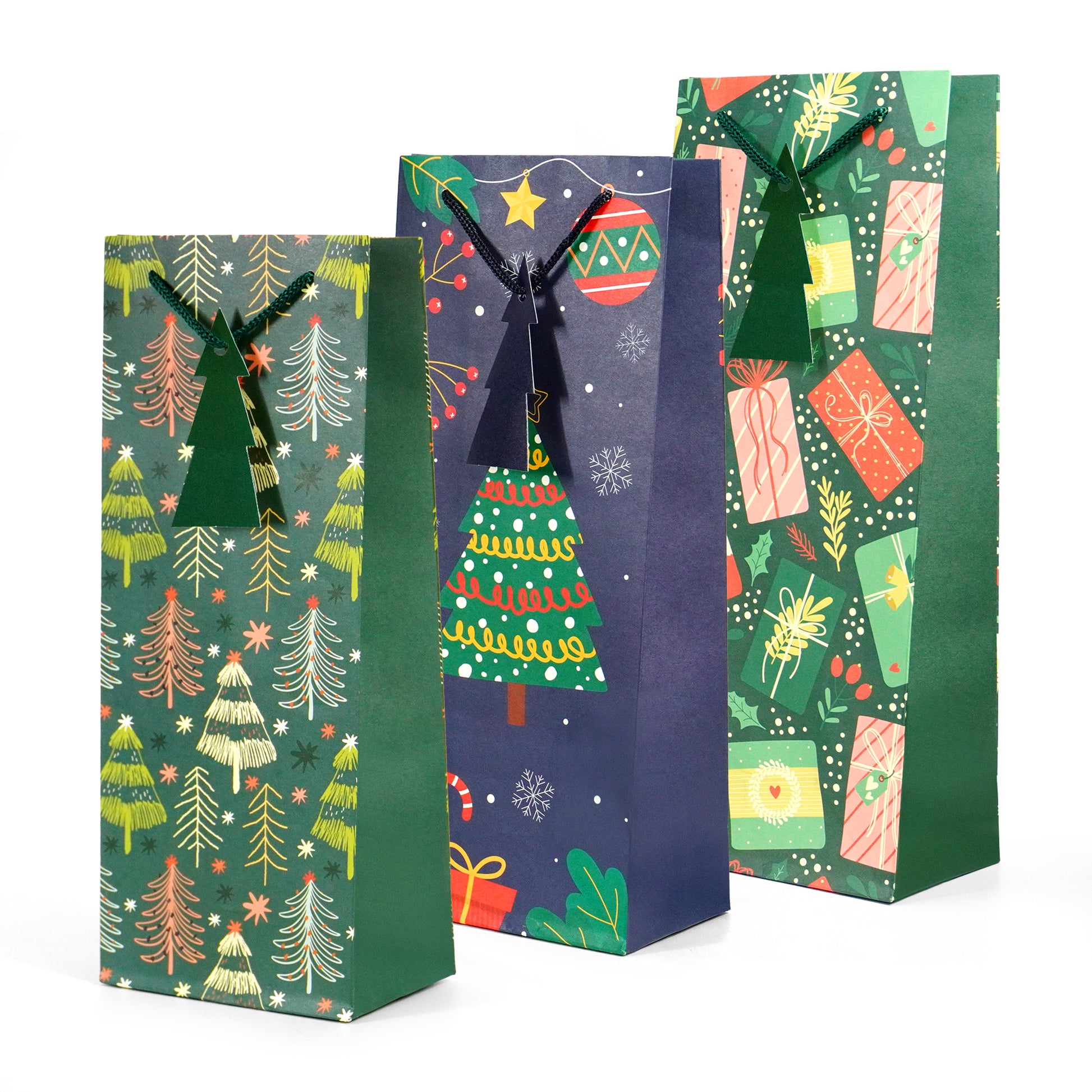 Kraft & Co - Christmas Wine Bottle Bag, 3 Festive Designs- Joy, Festive, Sparkle,  Pack of 3