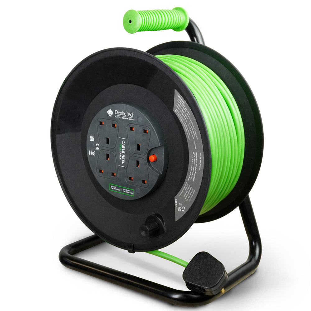 Desiretech Heavy-Duty Portable Cable Reel Extension Lead – 4 Shuttered Sockets, Thermal Cut-Out, Ergonomic Handle, Green/Black – Robust Extension Cord for Indoor Use