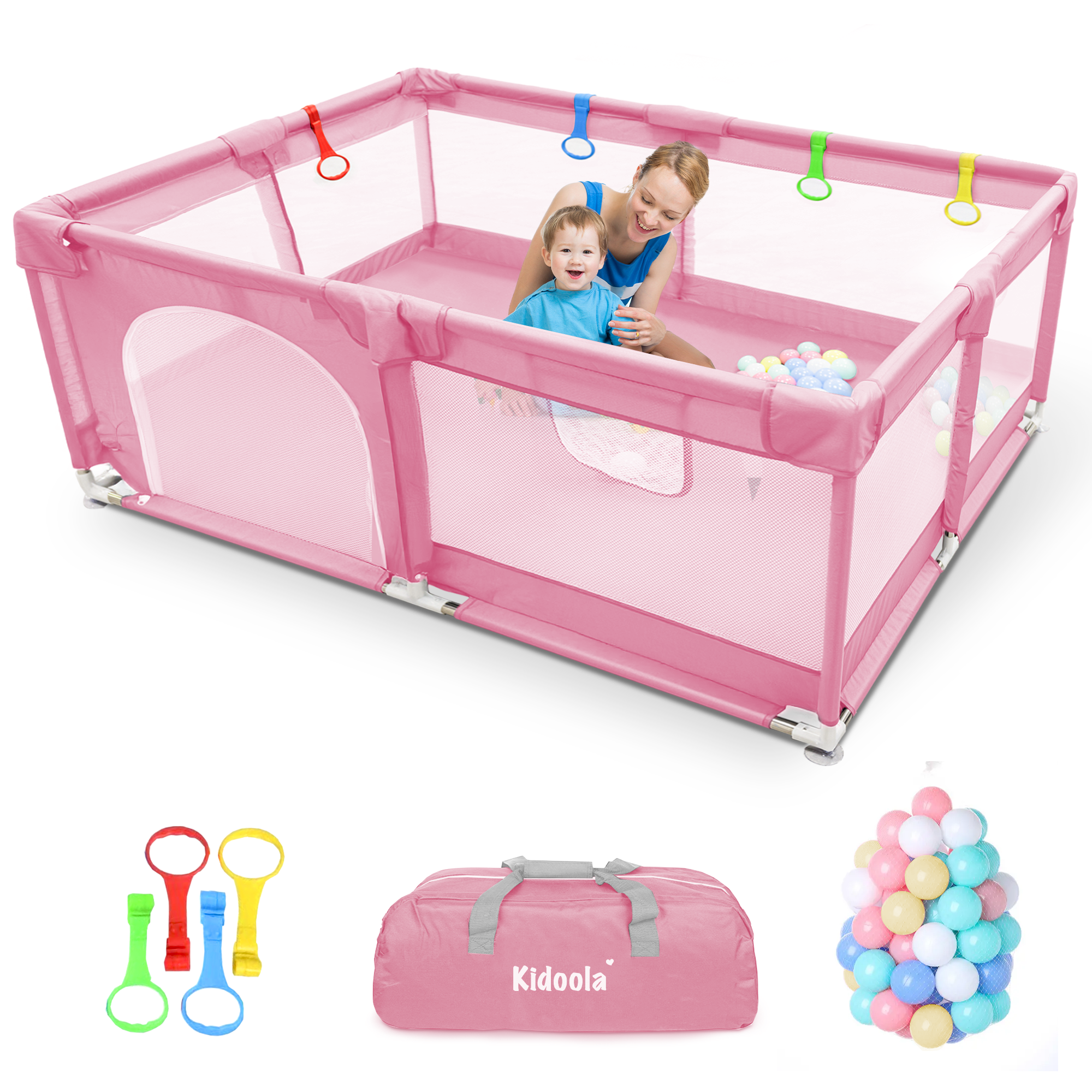 KIDOOLA Extra Large Baby Playpen with Padded Frame & Mesh Walls – Includes Balls & Pull Rings for Indoor & Outdoor Fun (150x180x65cm)