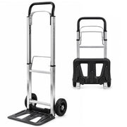 Haltons folding aluminium hand truck with silver frame and black base plate beside the same truck folded flat
