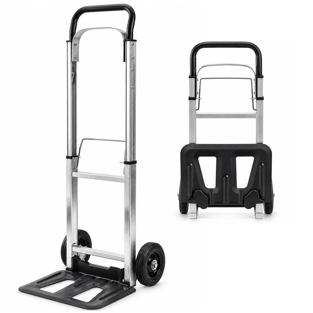 Haltons folding aluminium hand truck with silver frame and black base plate beside the same truck folded flat