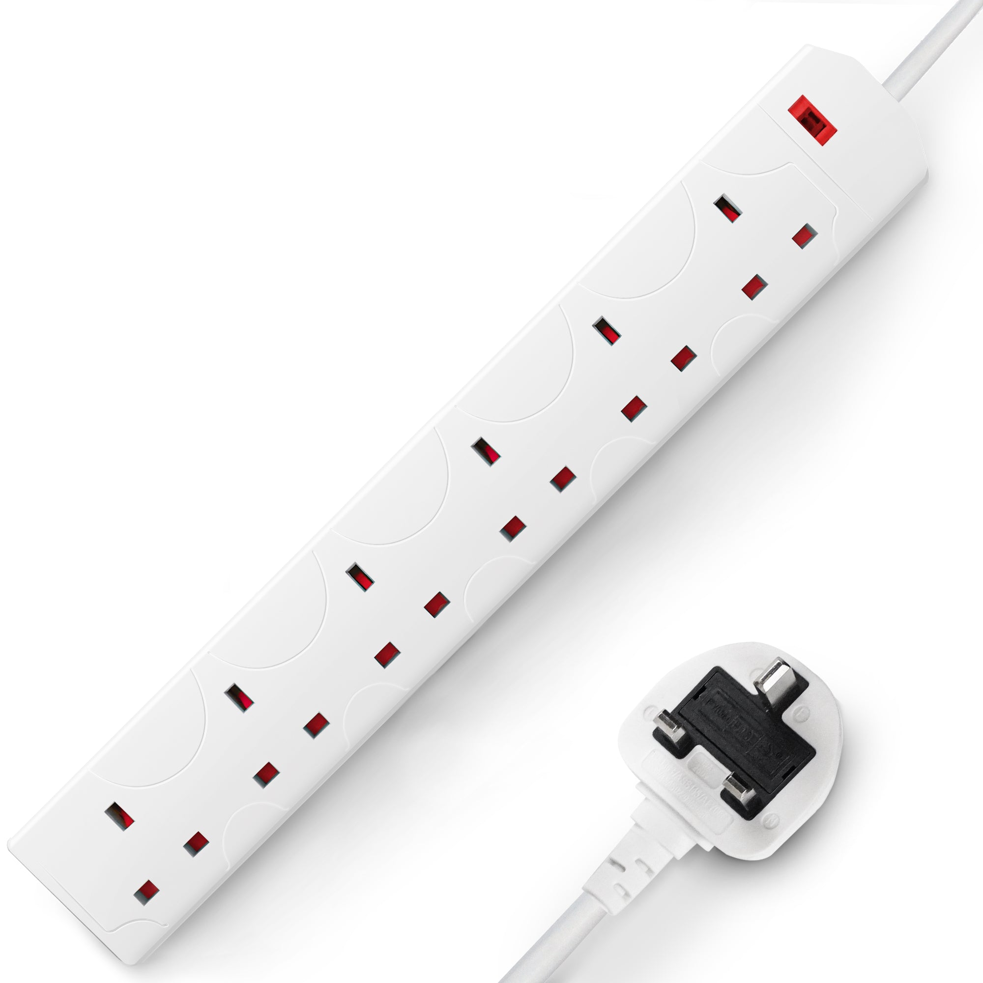 Desiretech - Ext lead 6 gang - 1m, 13A with Light Indicator UK Plug Extension Socket, Extension Cable Power Strip - White