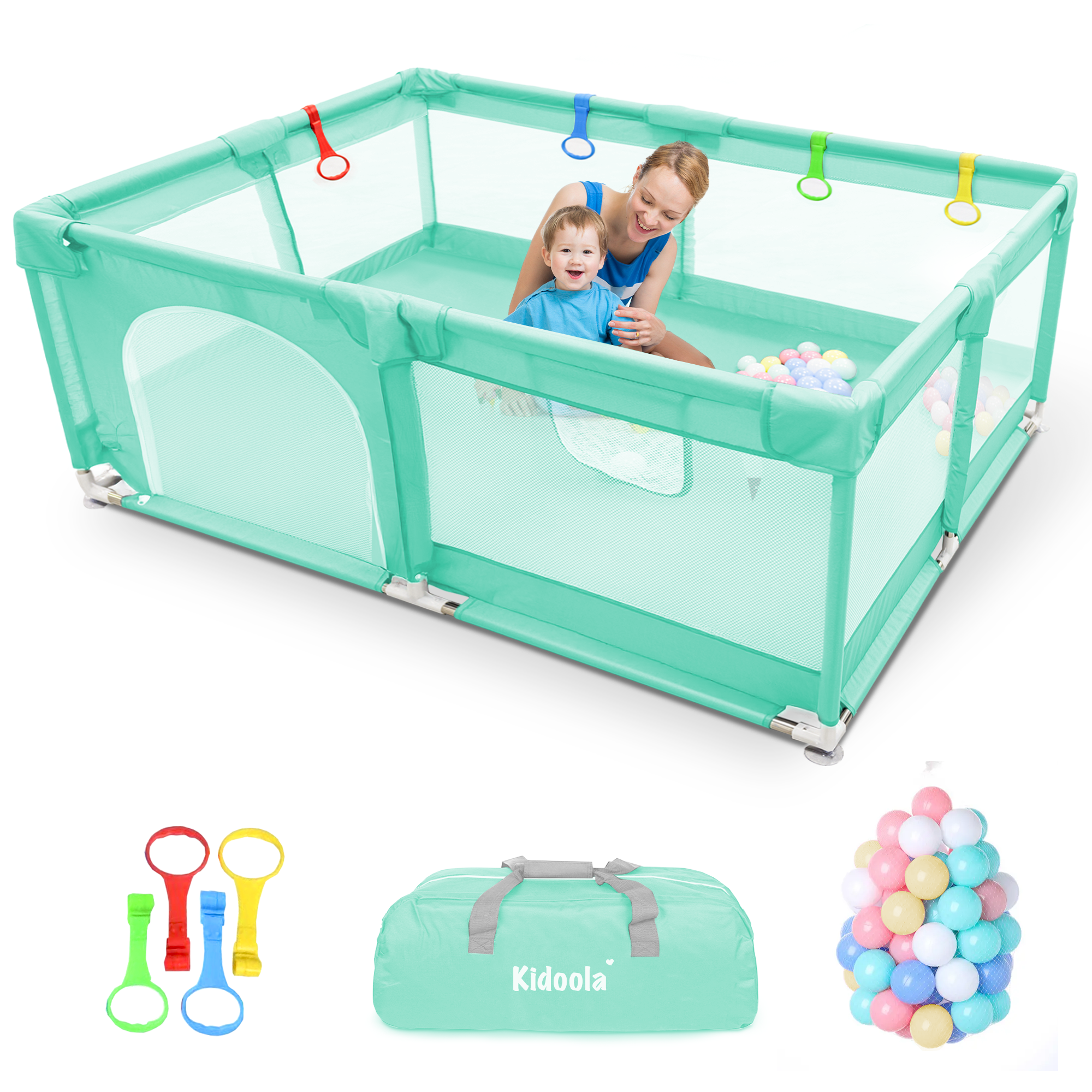 KIDOOLA Extra Large Baby Playpen with Padded Frame & Mesh Walls – Includes Balls & Pull Rings for Indoor & Outdoor Fun (150x180x65cm)