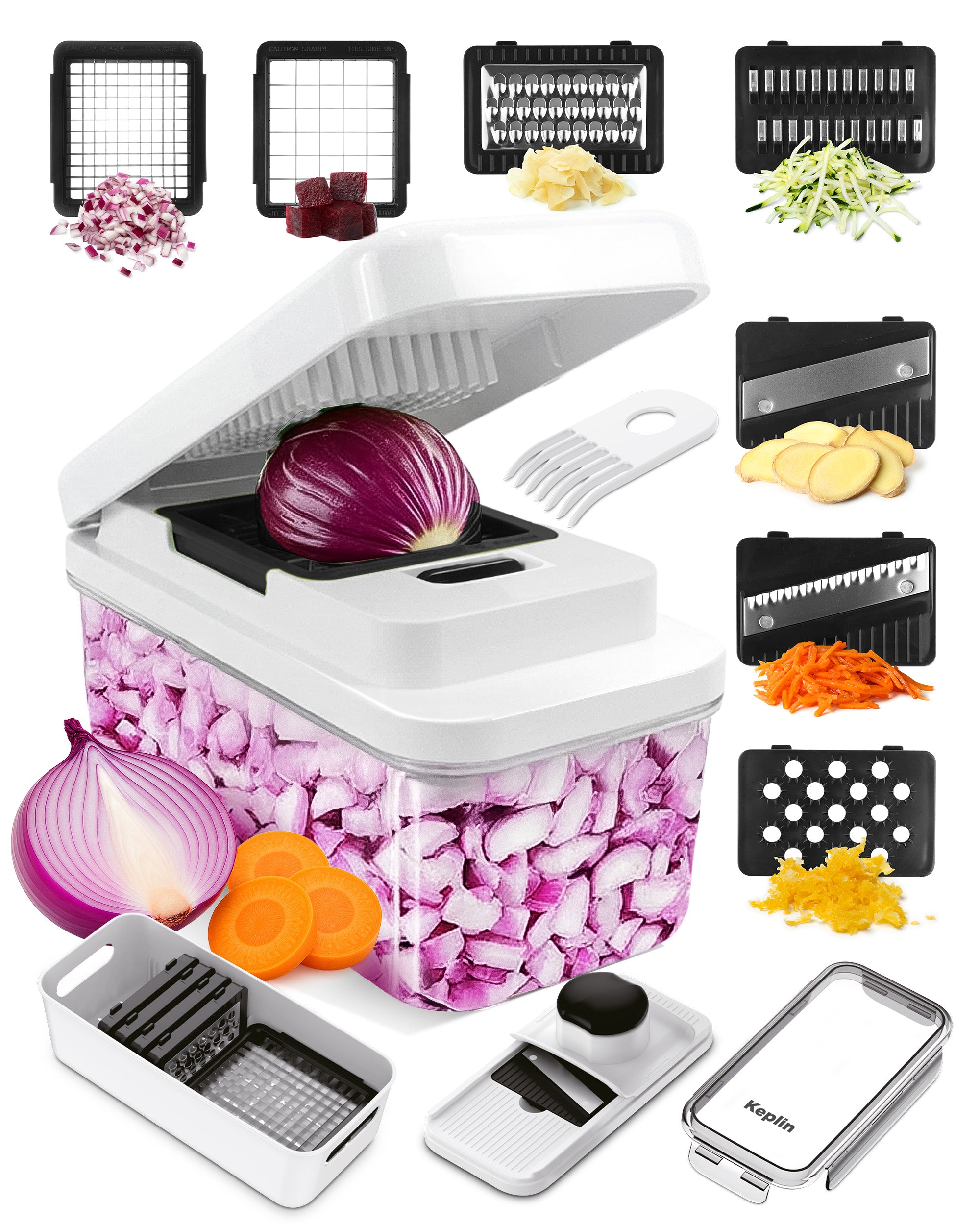 Keplin - 7-in-1 Vegetable Chopper with Container - Multi-Functional Slicer, Dicer & Grater - BPA Free, Dishwasher Safe, Non-Slip Base, Food-Grade ABS & Stainless Steel Blades