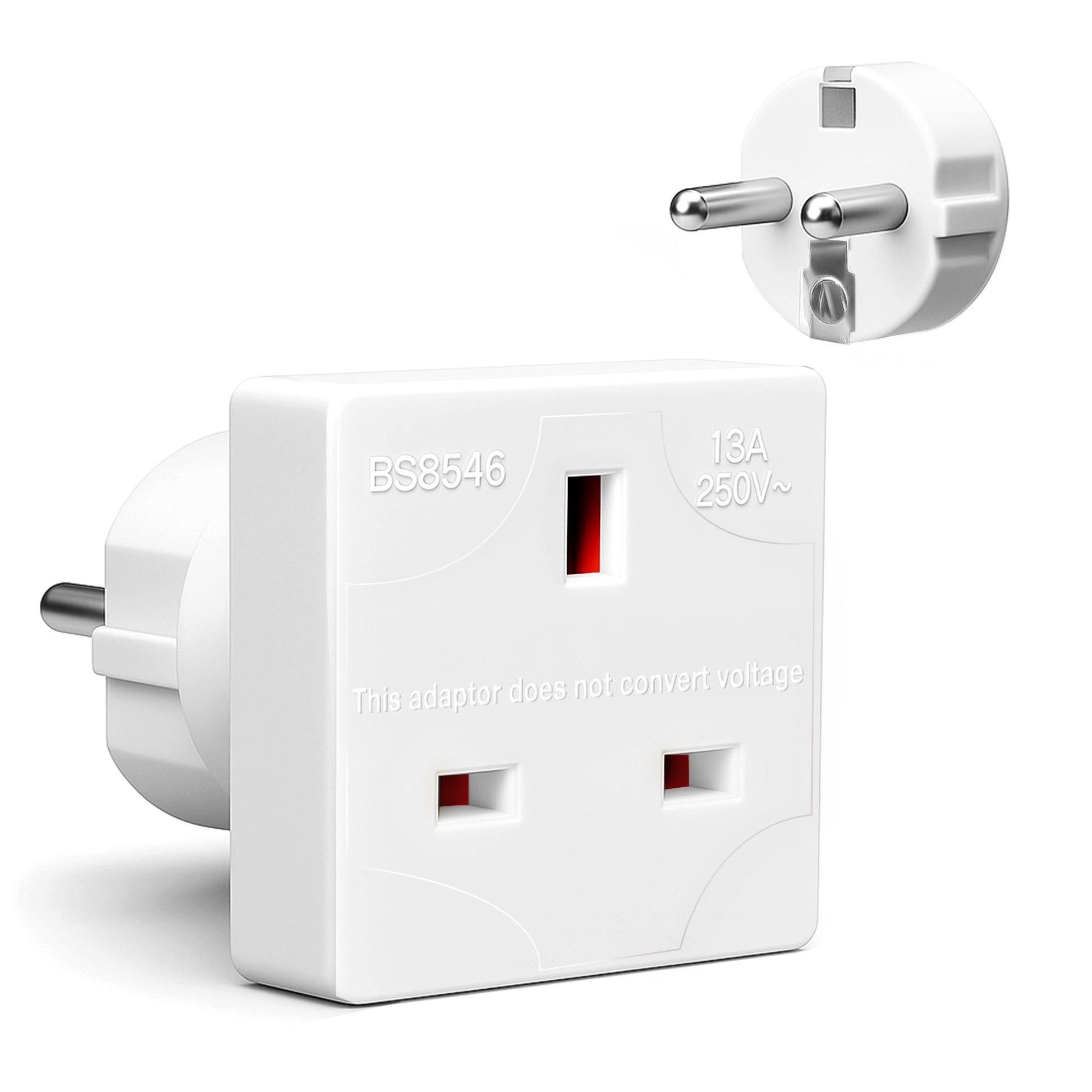 Desiretech - EU Travel Adaptor - 1 Pack - UK 3 Pin to EU 2 Pin Plug - 16A, 250V - Compact & Portable - CE Certified, Safe, Heat-Resistant - Travel Accessory for European Trips - White