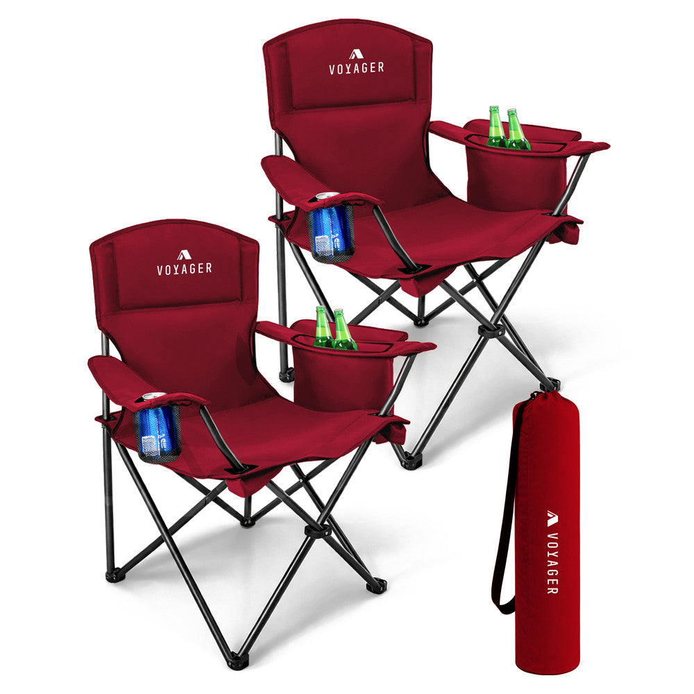 Voyager Folding Camping Chairs 2 Pack with Cooler Bag, Lightweight Q195 Steel Frame, 600D Oxford Fabric, Portable & Comfortable