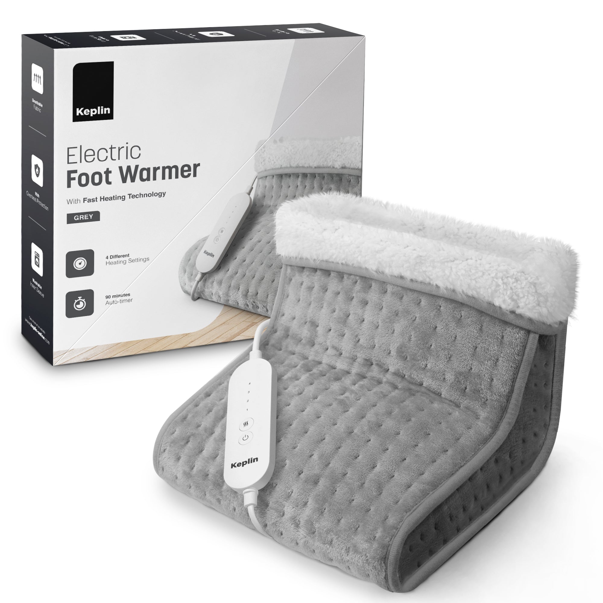 KEPLIN Electric Foot Warmer, 1 Pack - 4 Adjustable Temperature Settings, 90-Min Auto Shut-Off Timer, Overheat & Overcurrent Protection, Soft Fleece Lining, Washable Inner Sleeves (32x28x26cm)