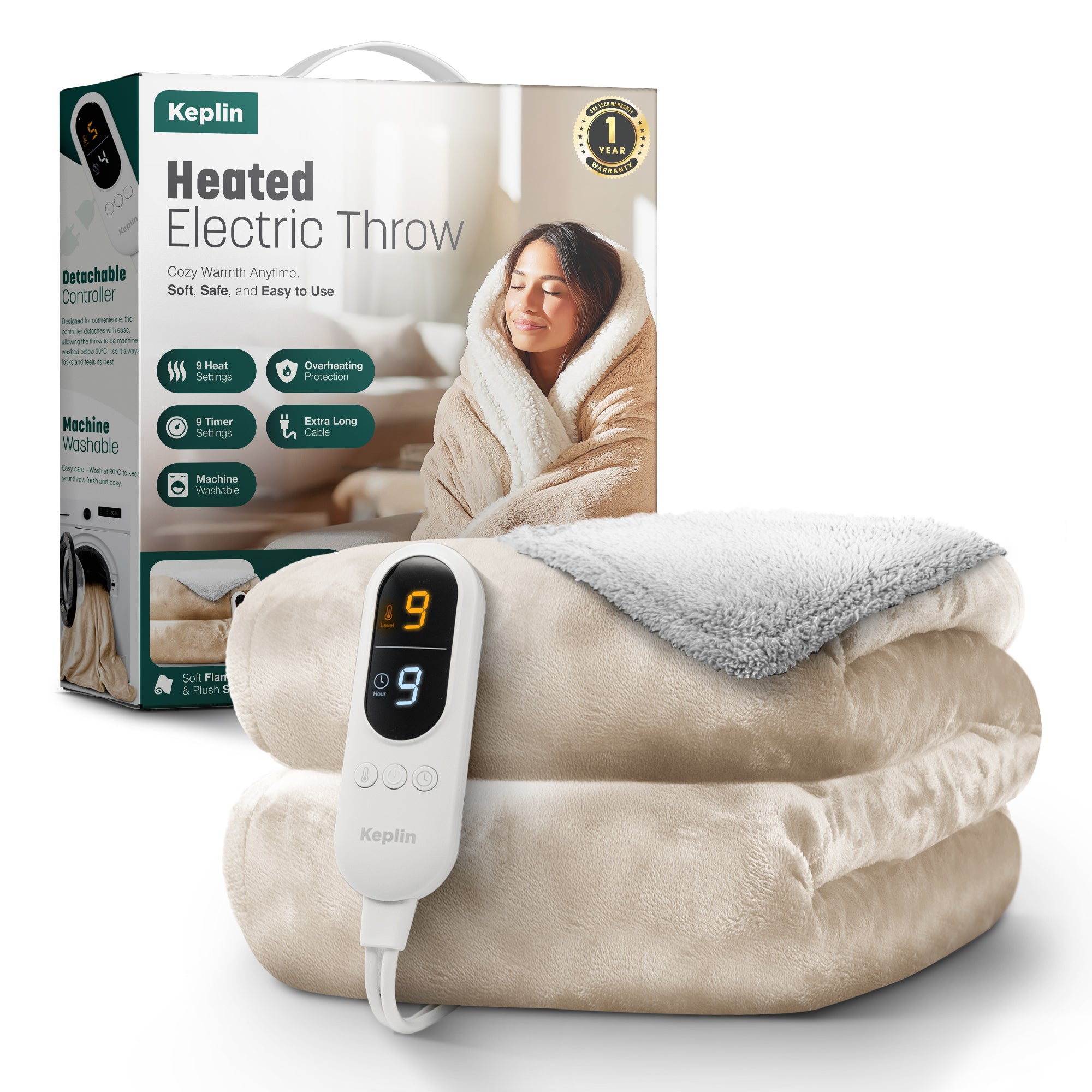 Electric Heated Throw Blanket - Machine Washable Fleece Wool Duvet, 9 Heat Settings & Timer