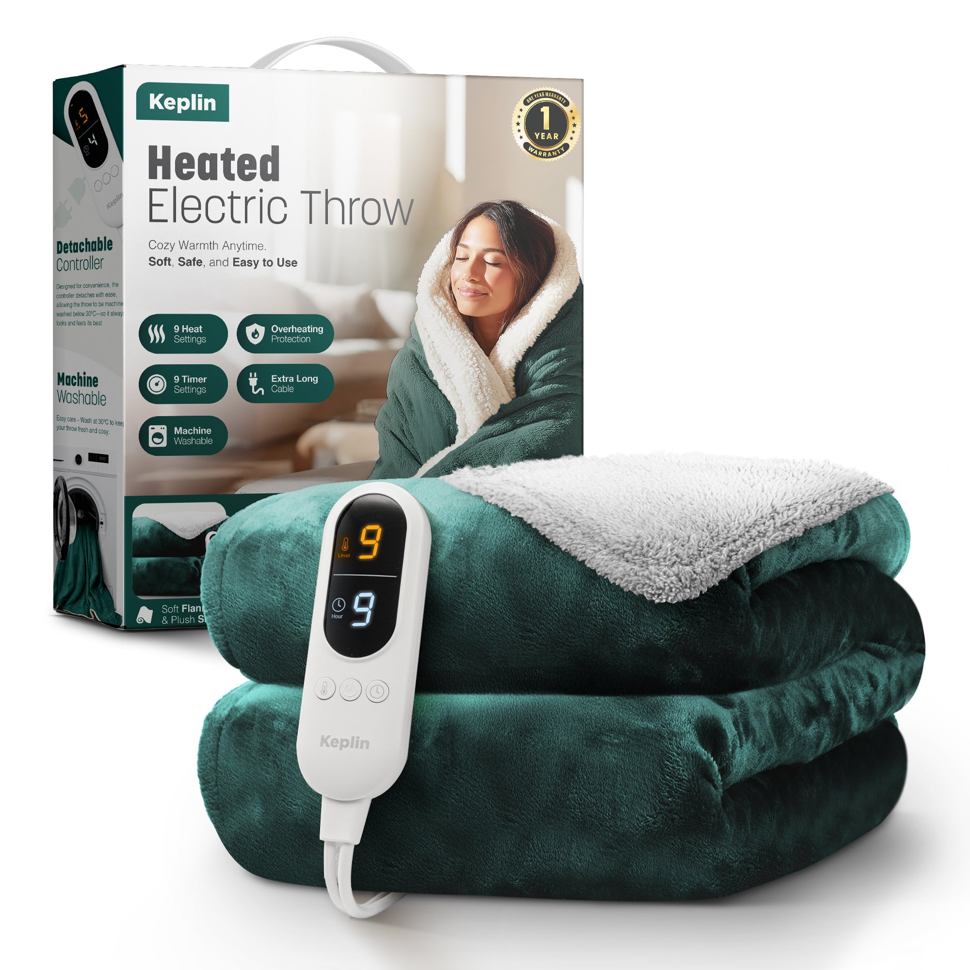 Electric Heated Throw Blanket - Machine Washable Fleece Wool Duvet, 9 Heat Settings & Timer