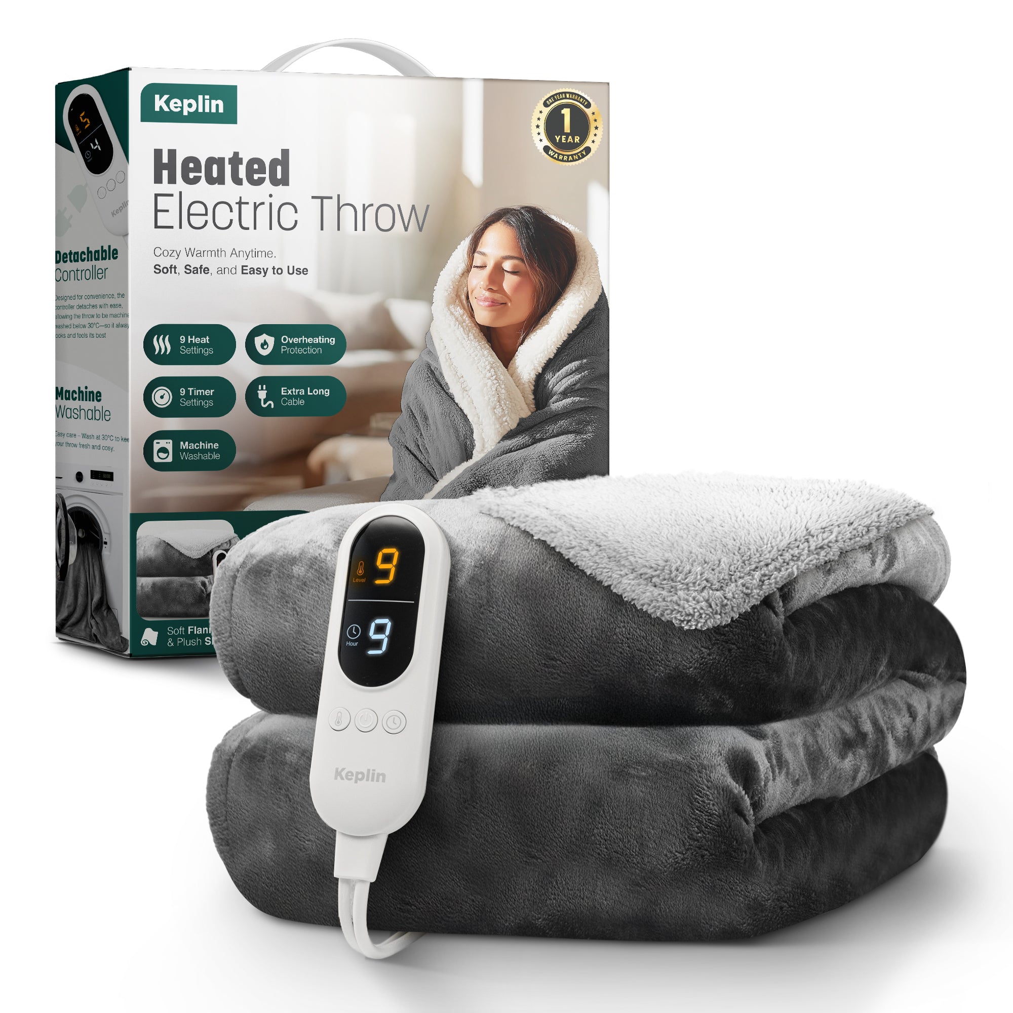 Electric Heated Throw Blanket - Machine Washable Fleece Wool Duvet, 9 Heat Settings & Timer