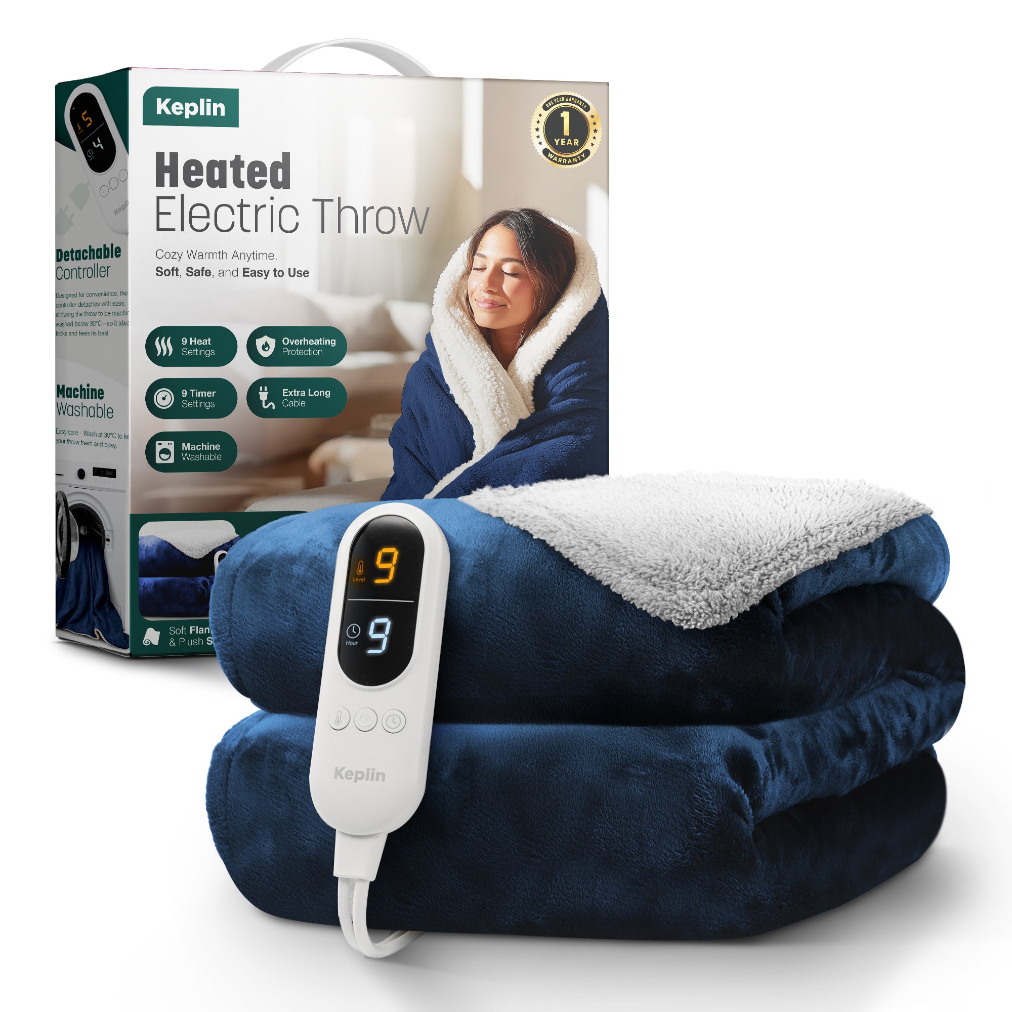 Electric Heated Throw Blanket - Machine Washable Fleece Wool Duvet, 9 Heat Settings & Timer