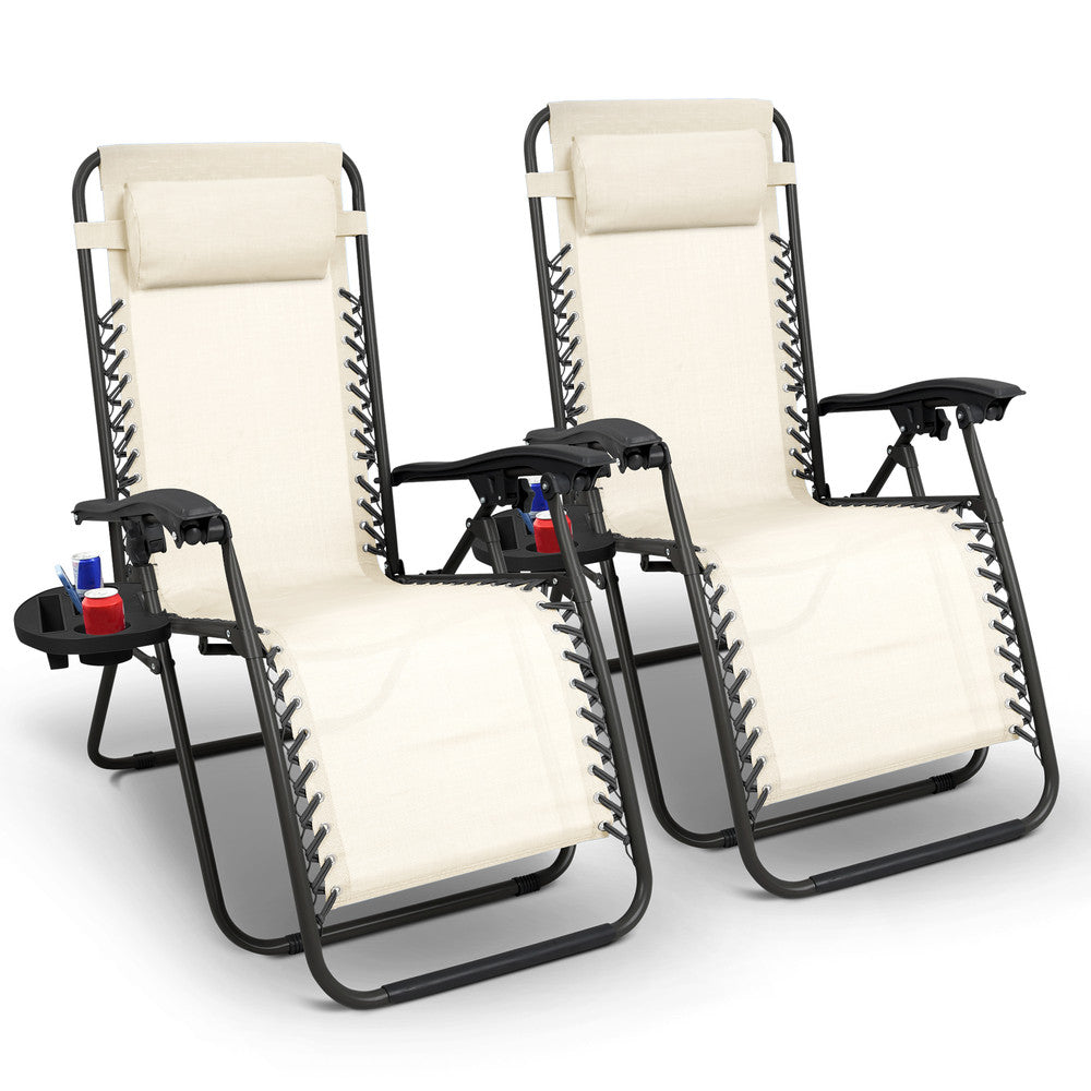 KEPLIN Set of 2 Heavy Duty Monocolour and Basic Textoline Zero Gravity Chairs for Garden Light Reclining Patio Sun loungers Easy to Clean Adjustable Head Rest Foldable with Cup & Phone Holder