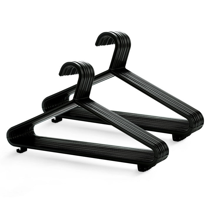 Black plastic clothes hangers 25 pack with trouser bar and accessory hooks UK