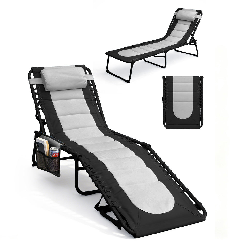 KEPLIN Foldable Sun Lounger Chair - Outdoor Garden Recliner with Color Block Design, 4 Position Adjustable Backrest, Padded 600D Oxford Fabric, Portable Patio Camping Deck Chair 110kg