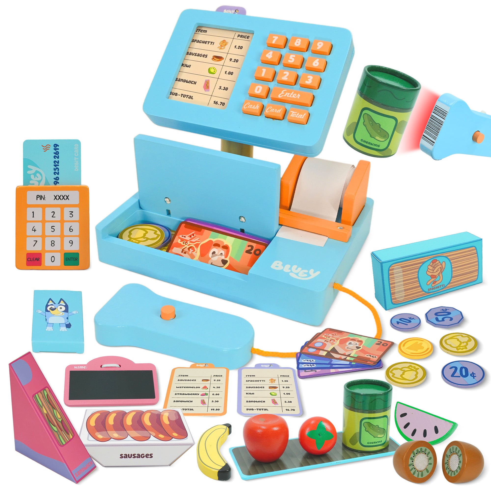 Bluey Cash Register. Press The Buttons to Hear Beeps, Sounds and Phrases From and Bingo, Use the Scanner to Scan Packages and Pretend to Run a Shop, Includes Toy Credit Card and Dollar Bucks!