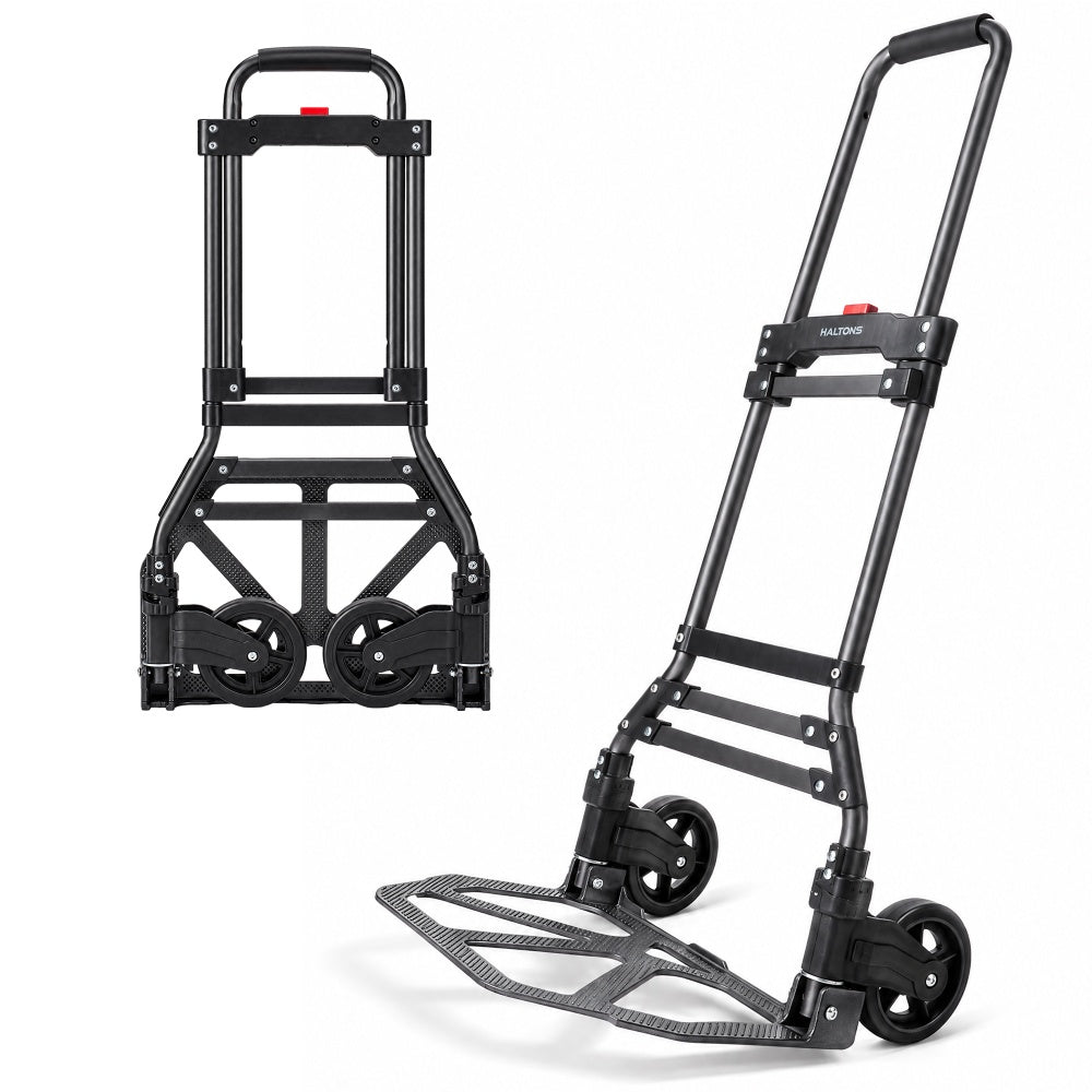 Haltons folding hand truck with black aluminium frame and padded handle beside the same sack truck folded flat