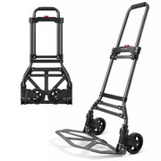 Haltons folding hand truck with black aluminium frame and padded handle beside the same sack truck folded flat
