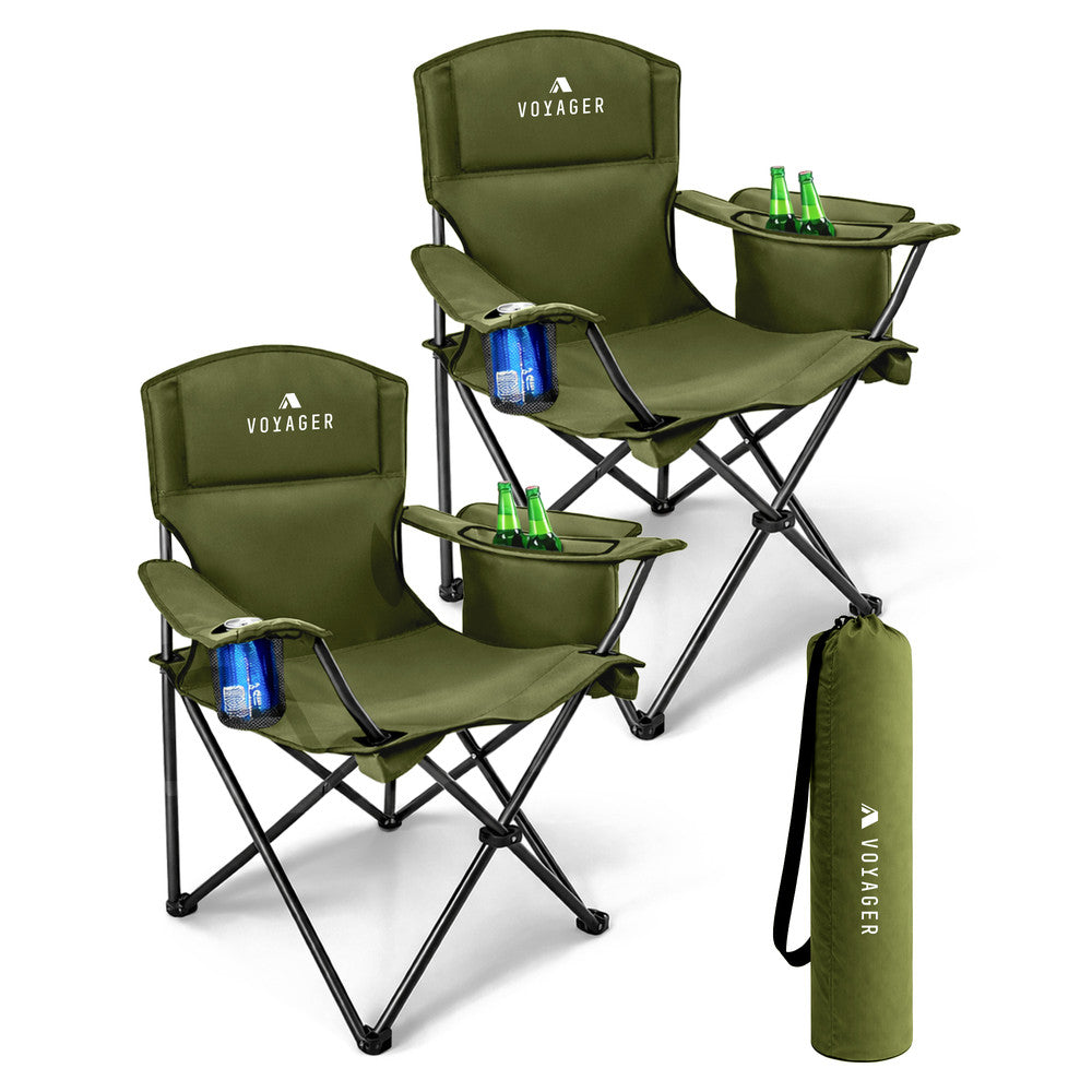 Voyager Folding Camping Chairs 2 Pack with Cooler Bag, Lightweight Q195 Steel Frame, 600D Oxford Fabric, Portable & Comfortable