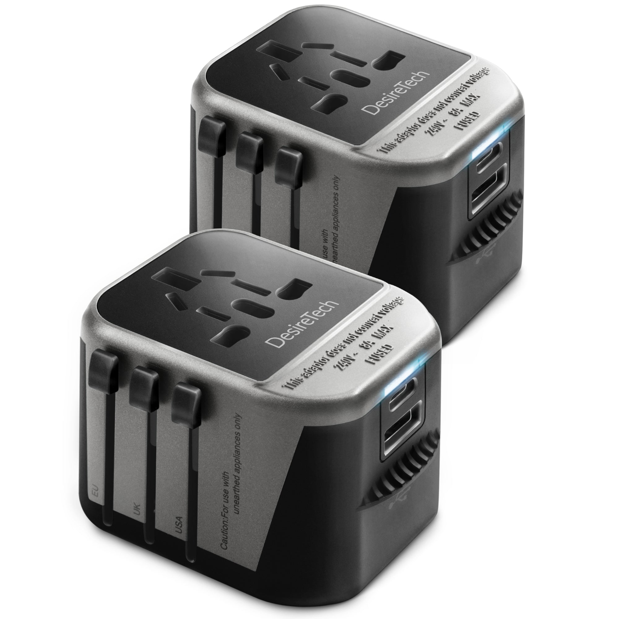 Desiretech Travel Adaptor 4-in-1 Universal Plug Adapter with USB-A, USB-C, Phone Docking - Compact UK to World Adaptor, Double Fuse Protection - Perfect for Europe, USA, Asia & Beyond