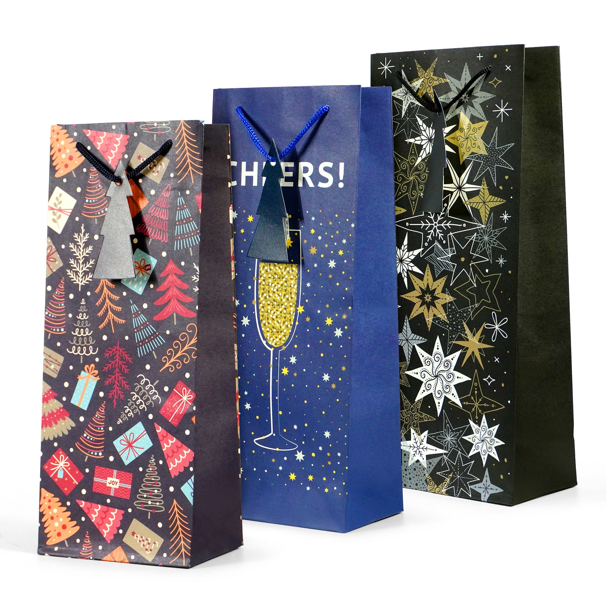 Kraft & Co - Christmas Wine Bottle Bag, 3 Festive Designs- Joy, Festive, Sparkle,  Pack of 3