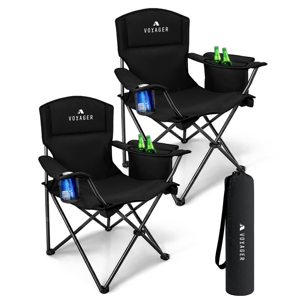 Voyager Folding Camping Chairs 2 Pack with Cooler Bag, Lightweight Q195 Steel Frame, 600D Oxford Fabric, Portable & Comfortable
